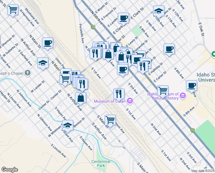 map of restaurants, bars, coffee shops, grocery stores, and more near 401 South 1st Avenue in Pocatello