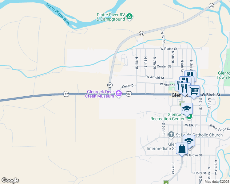 map of restaurants, bars, coffee shops, grocery stores, and more near W Birch St in Glenrock