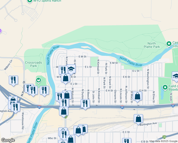 map of restaurants, bars, coffee shops, grocery stores, and more near 332 East K Street in Casper