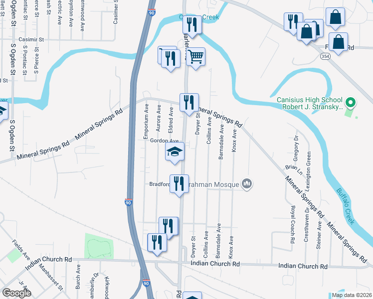 map of restaurants, bars, coffee shops, grocery stores, and more near 661 Harlem Road in Buffalo