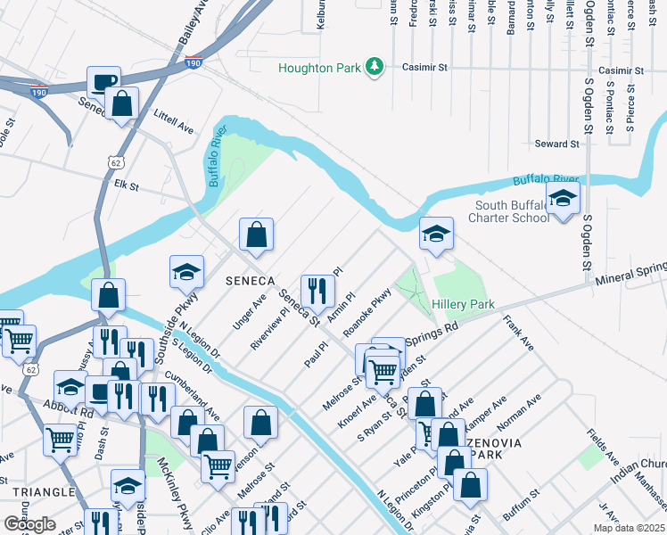 map of restaurants, bars, coffee shops, grocery stores, and more near 43 Pomona Place in Buffalo
