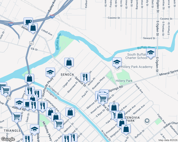 map of restaurants, bars, coffee shops, grocery stores, and more near 43 Pomona Place in Buffalo