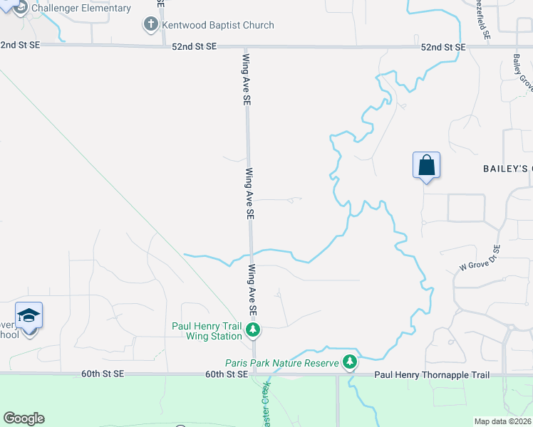 map of restaurants, bars, coffee shops, grocery stores, and more near 5622 Wing Avenue Southeast in Kentwood