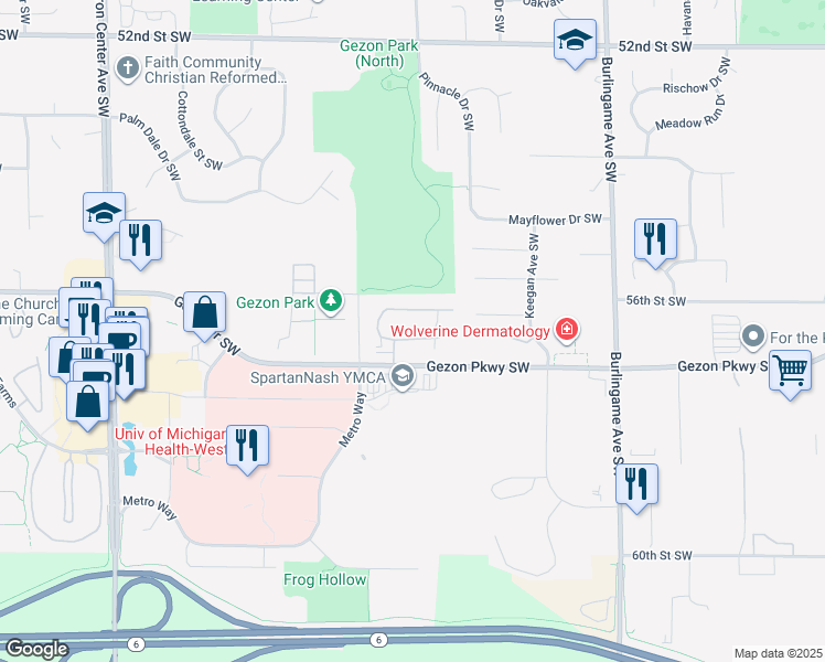 map of restaurants, bars, coffee shops, grocery stores, and more near 1818 Parkcrest Drive Southwest in Wyoming