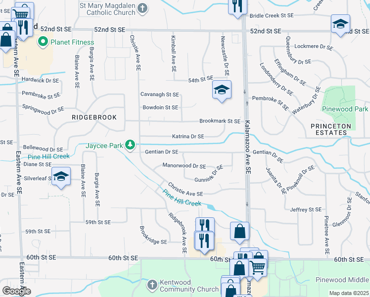 map of restaurants, bars, coffee shops, grocery stores, and more near 1383 Gentian Drive Southeast in Kentwood