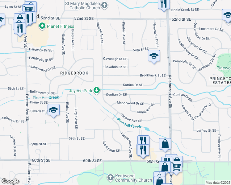 map of restaurants, bars, coffee shops, grocery stores, and more near 1299 Gentian Drive Southeast in Kentwood