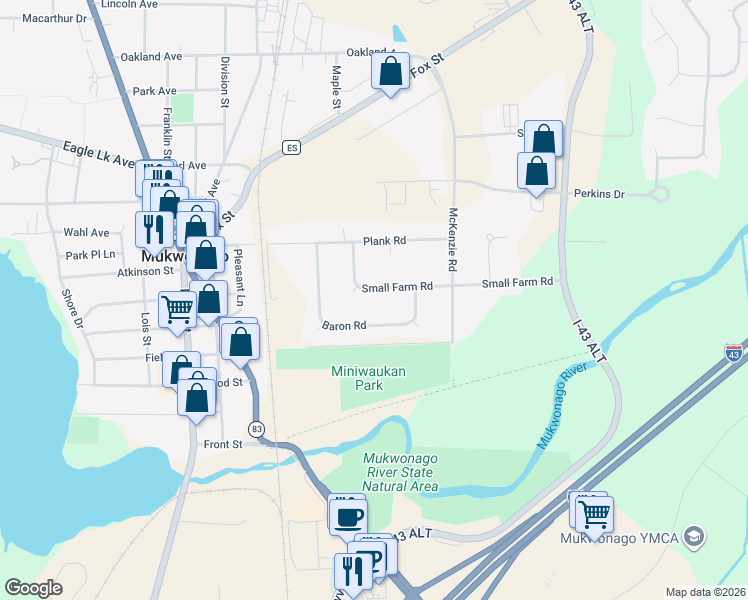 map of restaurants, bars, coffee shops, grocery stores, and more near 526 Baron Road in Mukwonago