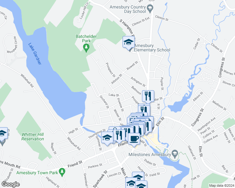 map of restaurants, bars, coffee shops, grocery stores, and more near 43 Powow Street in Amesbury