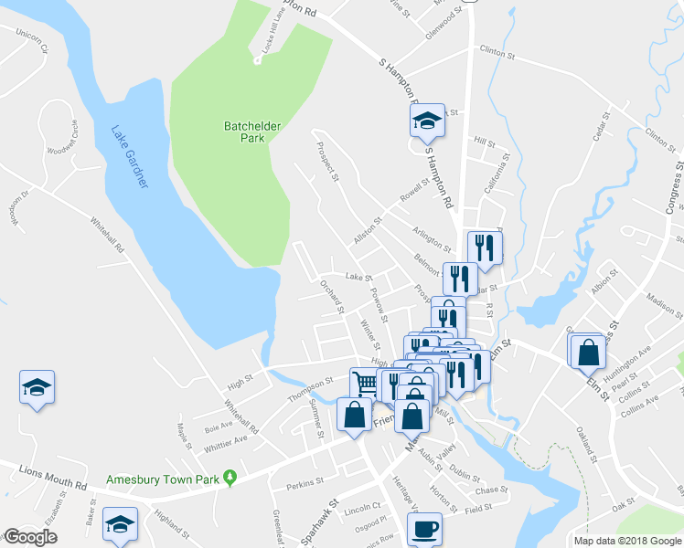 map of restaurants, bars, coffee shops, grocery stores, and more near 35 Lake Street in Amesbury