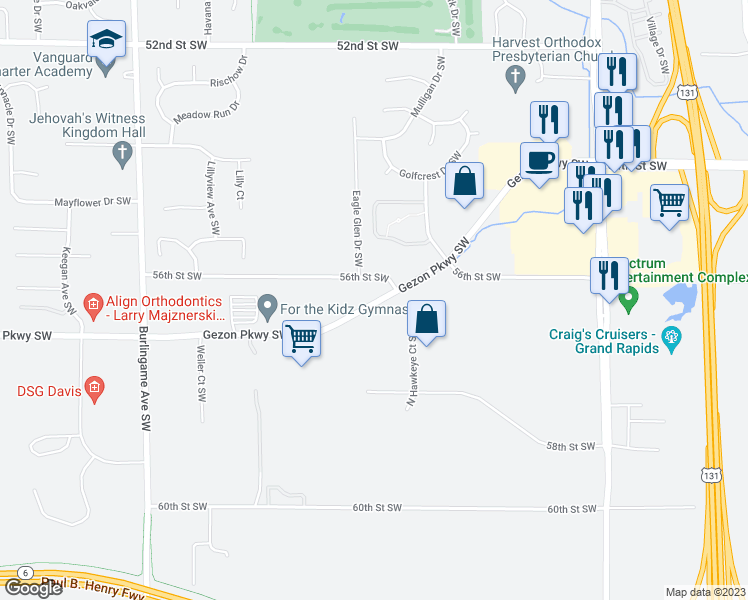 map of restaurants, bars, coffee shops, grocery stores, and more near 1200 56th St SW in Wyoming