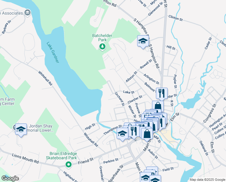 map of restaurants, bars, coffee shops, grocery stores, and more near 50 Orchard Street in Amesbury