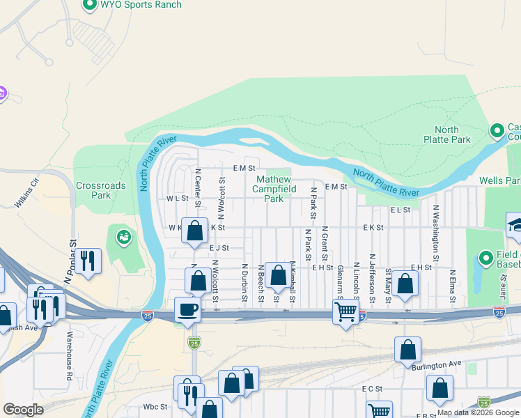 map of restaurants, bars, coffee shops, grocery stores, and more near 1207 North Durbin Street in Casper