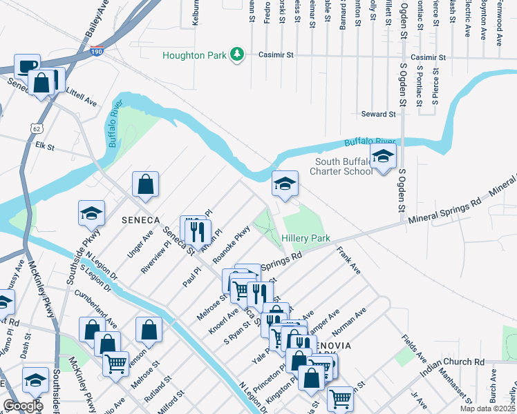 map of restaurants, bars, coffee shops, grocery stores, and more near 121 Pawnee Parkway in Buffalo