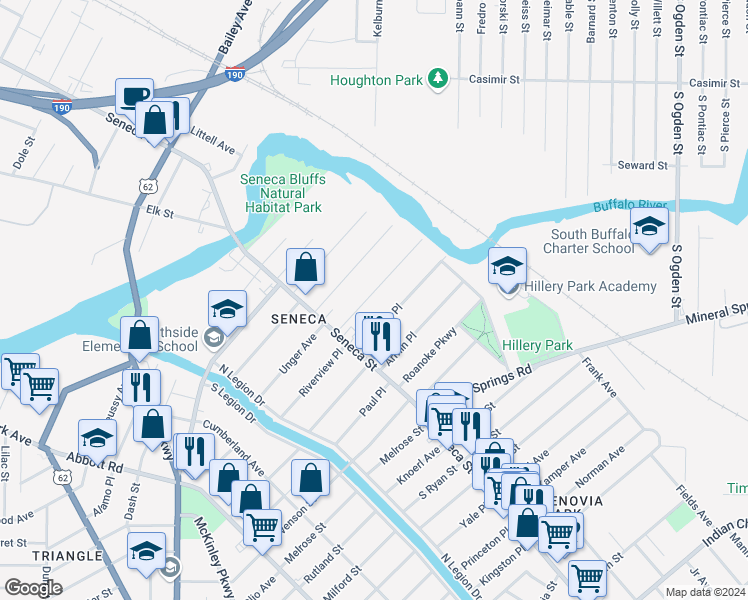 map of restaurants, bars, coffee shops, grocery stores, and more near 85 Sage Avenue in Buffalo