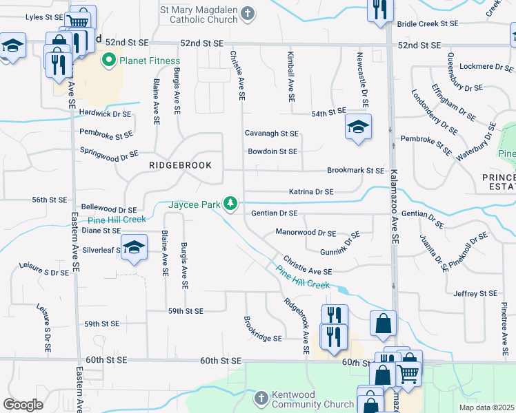 map of restaurants, bars, coffee shops, grocery stores, and more near 1257 Katrina Drive Southeast in Kentwood