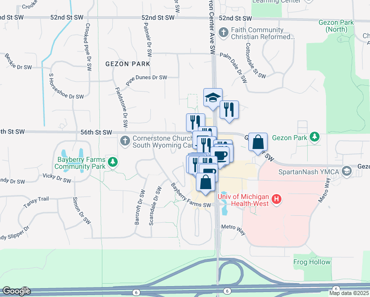 map of restaurants, bars, coffee shops, grocery stores, and more near 2520 56th Street Southwest in Wyoming