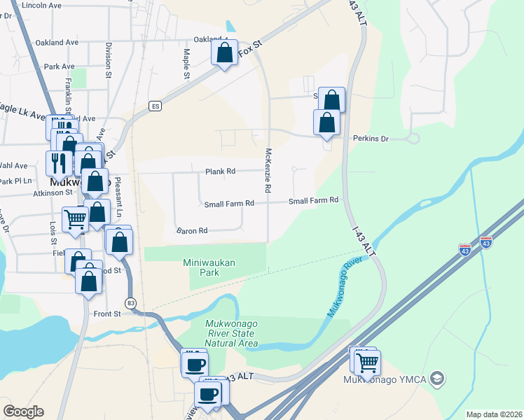 map of restaurants, bars, coffee shops, grocery stores, and more near 632 Small Farm Road in Mukwonago