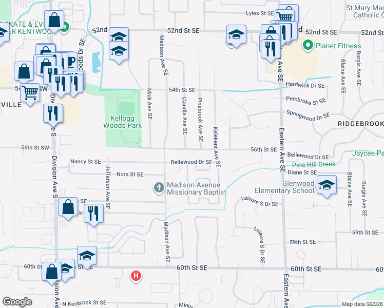 map of restaurants, bars, coffee shops, grocery stores, and more near 462 56th Street Southeast in Kentwood