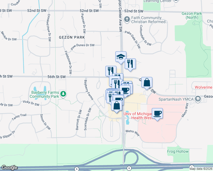 map of restaurants, bars, coffee shops, grocery stores, and more near 2520 56th Street Southwest in Wyoming