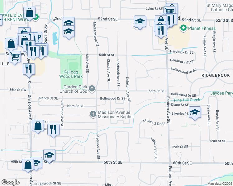 map of restaurants, bars, coffee shops, grocery stores, and more near 5558 Pinebrook Avenue Southeast in Kentwood