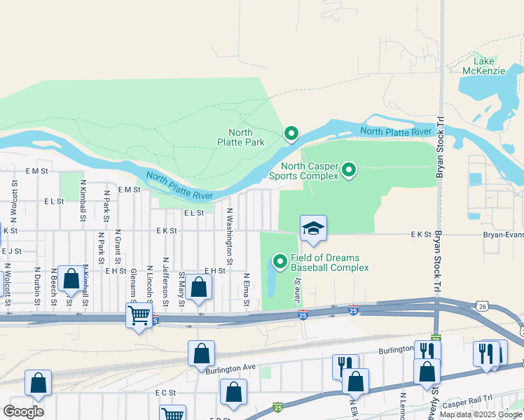 map of restaurants, bars, coffee shops, grocery stores, and more near 1209 North Melrose Street in Casper