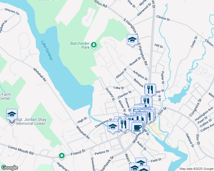 map of restaurants, bars, coffee shops, grocery stores, and more near 56 Orchard Street in Amesbury