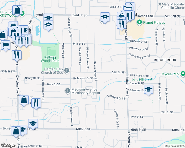 map of restaurants, bars, coffee shops, grocery stores, and more near 5558 Pinebrook Avenue Southeast in Kentwood