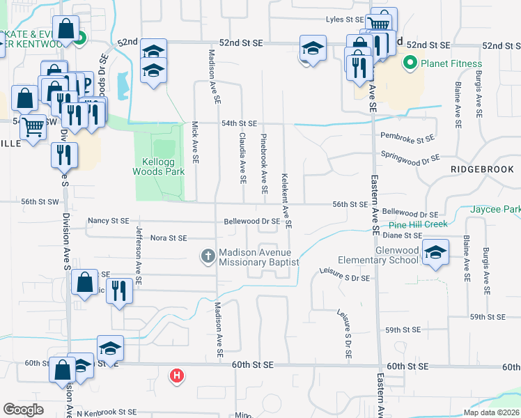 map of restaurants, bars, coffee shops, grocery stores, and more near 5558 Pinebrook Avenue Southeast in Kentwood