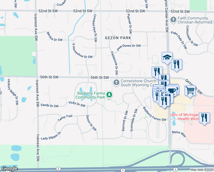 map of restaurants, bars, coffee shops, grocery stores, and more near 2788 56th Street Southwest in Wyoming