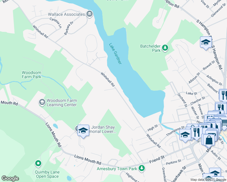 map of restaurants, bars, coffee shops, grocery stores, and more near 102 Whitehall Road in Amesbury