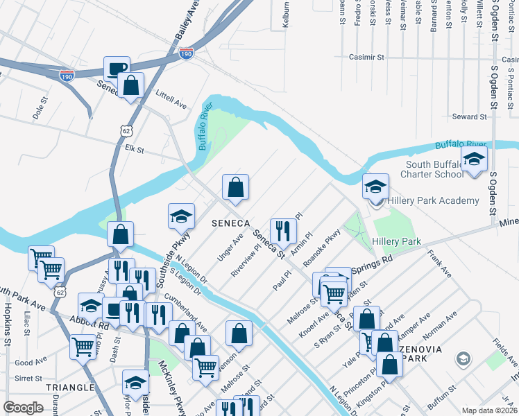 map of restaurants, bars, coffee shops, grocery stores, and more near 57 Juniata Place in Buffalo