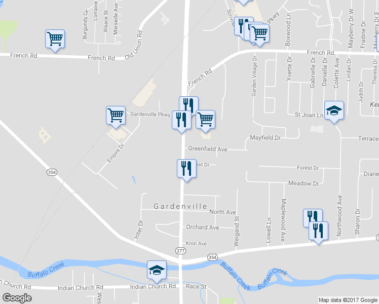 map of restaurants, bars, coffee shops, grocery stores, and more near 2275 Union Road in West Seneca