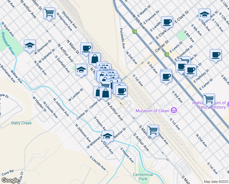 map of restaurants, bars, coffee shops, grocery stores, and more near 122 South Main Street in Pocatello