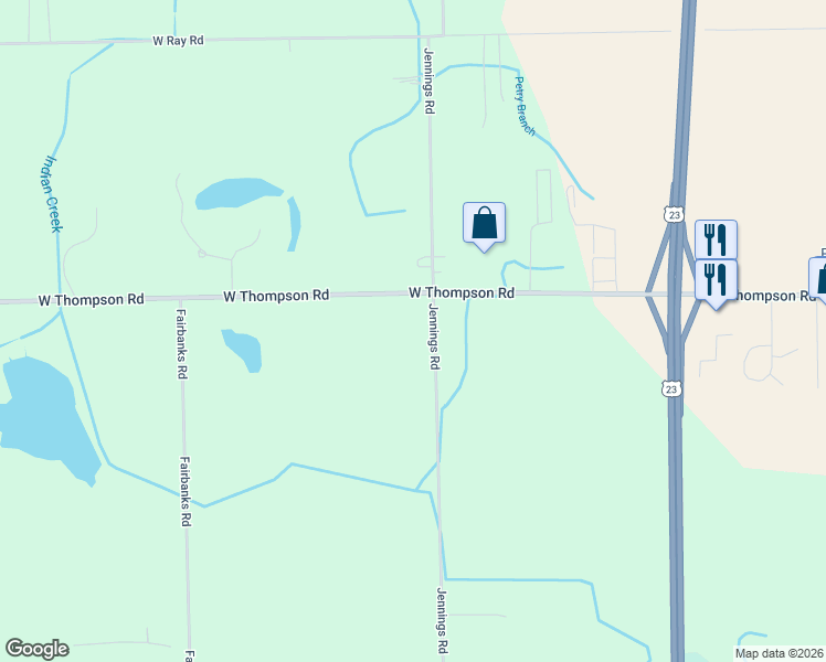 map of restaurants, bars, coffee shops, grocery stores, and more near 4026 West Thompson Road in Fenton