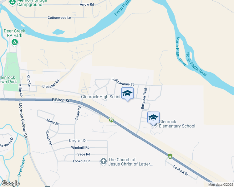 map of restaurants, bars, coffee shops, grocery stores, and more near 214 California Trail in Glenrock