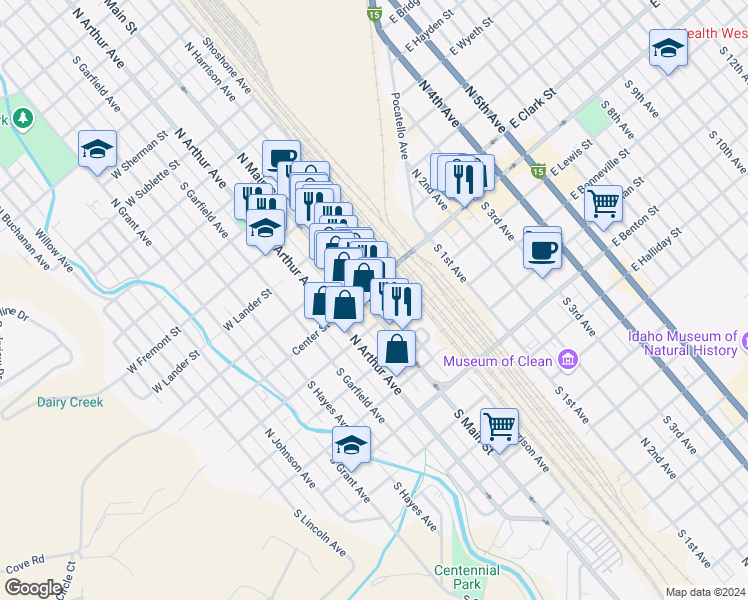 map of restaurants, bars, coffee shops, grocery stores, and more near in Pocatello