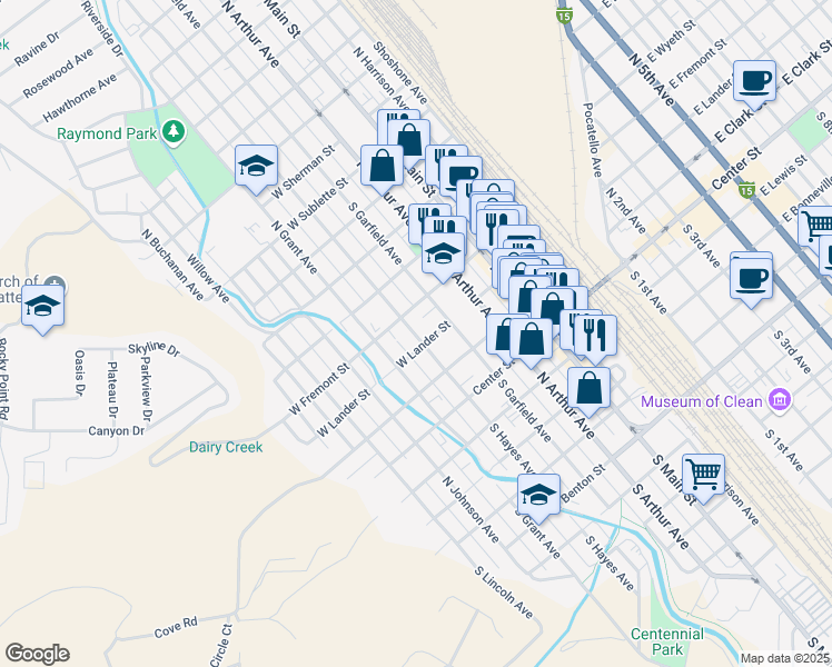 map of restaurants, bars, coffee shops, grocery stores, and more near 325 N Garfield Ave in Pocatello
