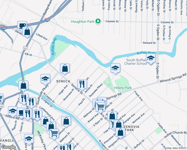 map of restaurants, bars, coffee shops, grocery stores, and more near 110 Pomona Place in Buffalo
