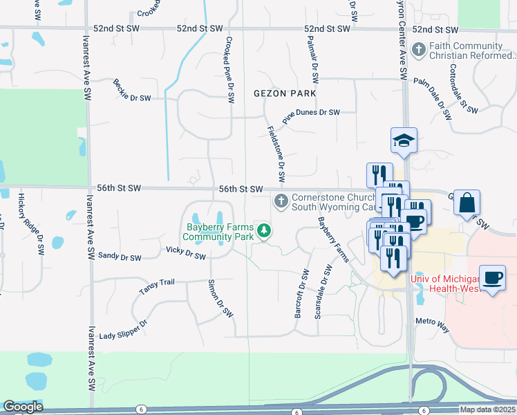 map of restaurants, bars, coffee shops, grocery stores, and more near 2788 56th Street Southwest in Wyoming