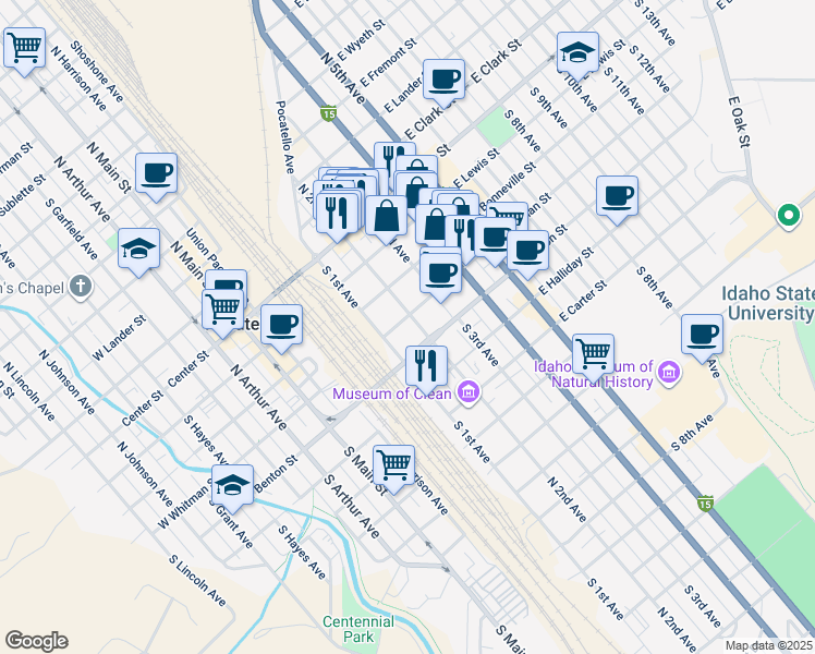 map of restaurants, bars, coffee shops, grocery stores, and more near 301 South 2nd Avenue in Pocatello