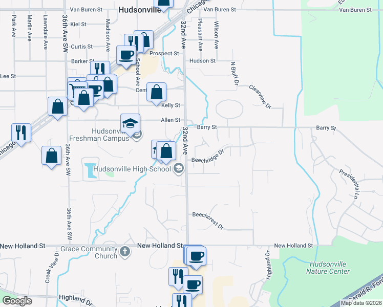 map of restaurants, bars, coffee shops, grocery stores, and more near 3087 Beechridge Drive in Hudsonville