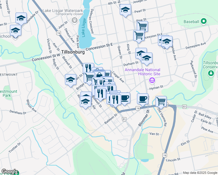map of restaurants, bars, coffee shops, grocery stores, and more near 200 Broadway in Tillsonburg