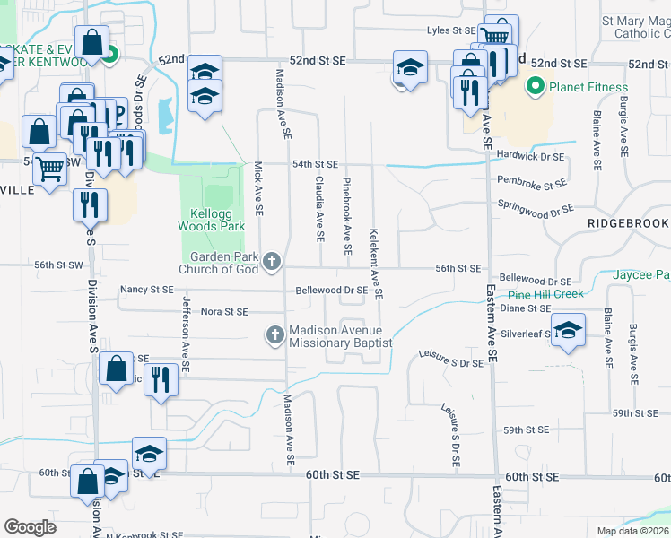 map of restaurants, bars, coffee shops, grocery stores, and more near 468 56th Street Southeast in Kentwood