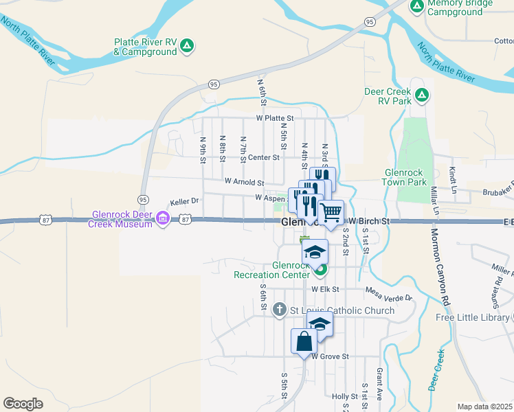 map of restaurants, bars, coffee shops, grocery stores, and more near 500 W Aspen St in Glenrock