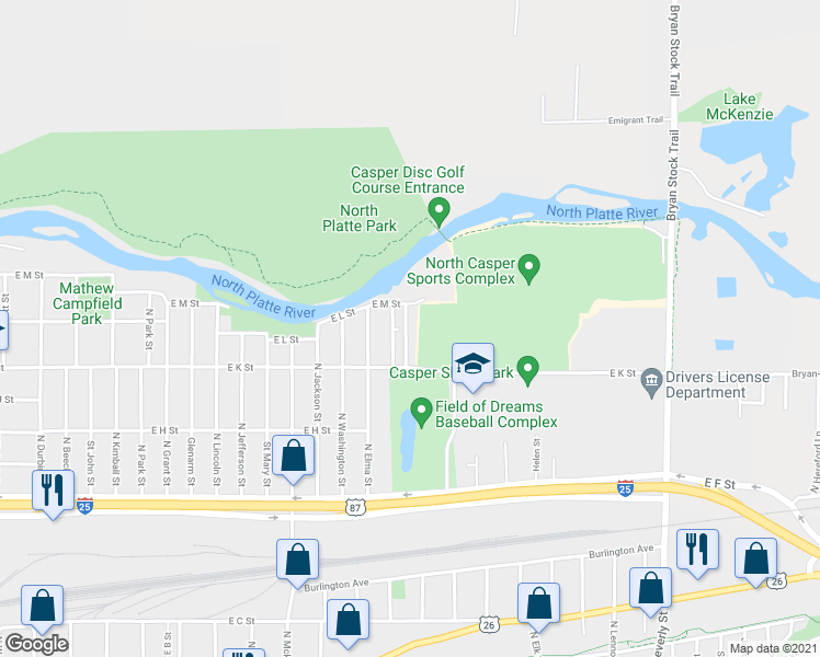map of restaurants, bars, coffee shops, grocery stores, and more near 1209 North Melrose Street in Casper