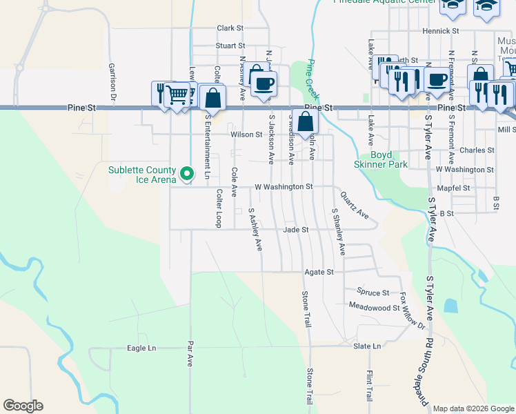 map of restaurants, bars, coffee shops, grocery stores, and more near 341 South Ashley Avenue in Pinedale