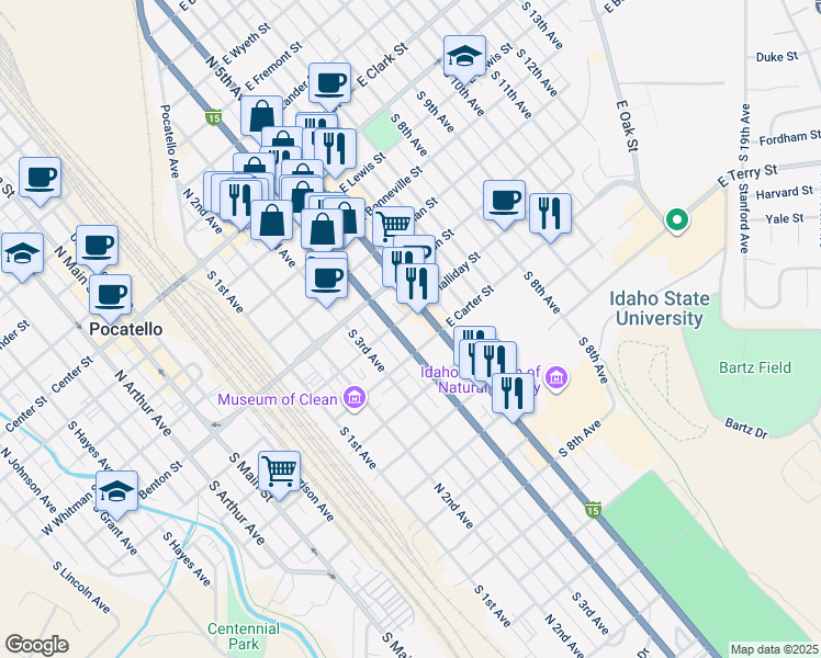map of restaurants, bars, coffee shops, grocery stores, and more near 538 East Halliday Street in Pocatello