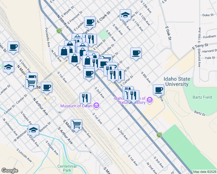map of restaurants, bars, coffee shops, grocery stores, and more near 538 East Halliday Street in Pocatello