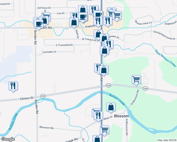 map of restaurants, bars, coffee shops, grocery stores, and more near 4980 Clinton Street in Buffalo