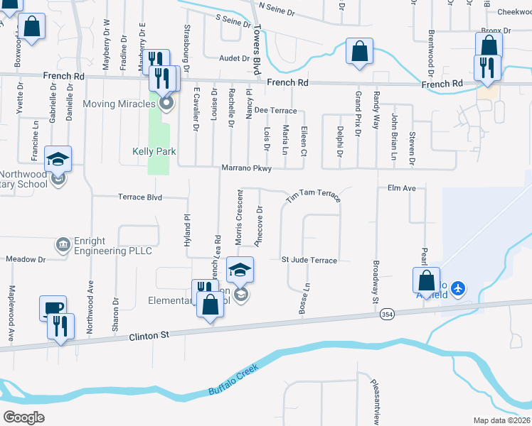 map of restaurants, bars, coffee shops, grocery stores, and more near 11 Pinecove Drive in West Seneca